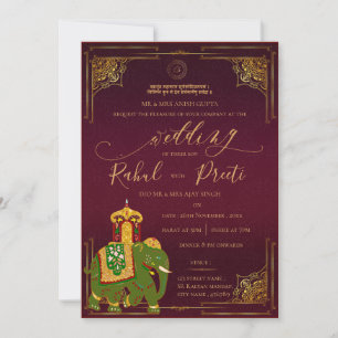 Convite Vermelho Vibrante Dourado com o casamento índio de