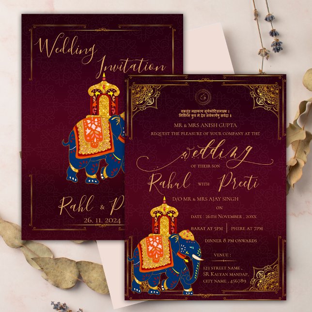 Convite Vermelho Vibrante Dourado com o casamento índio de (Vibrant Red Gold With Lord Ganesh Indian Wedding Invitation)