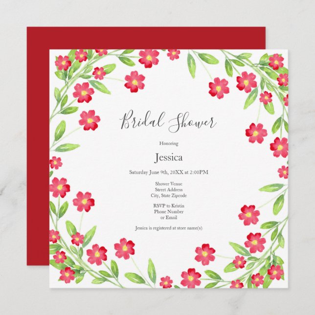 Convite Vermelho Watercolor Floral Wreath (Frente/Verso)