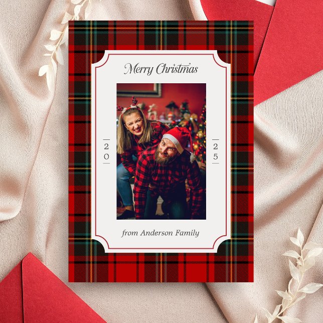 Convite Vermelho Xadrez Feliz Natal Feriado (Red Plaid Modern Merry Christmas Holiday Card)