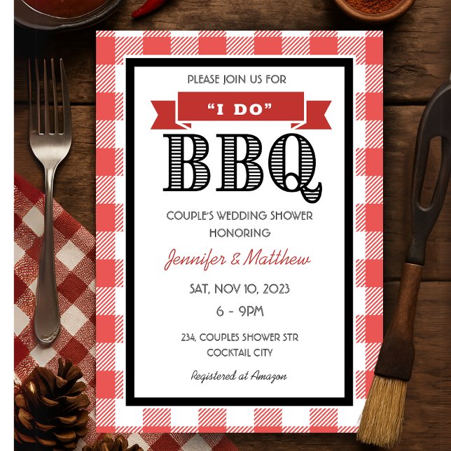 Convite Vermelho Xadrez Rústico Eu Aceito Churrasco Casame (Rustic Red Gingham I Do BBQ Wedding Couples Shower Invitation)