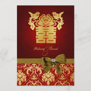 Convite Vermelhos Elegantes e Chineses Dourados Dupla Feli