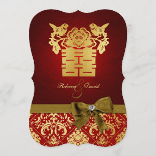 Convite Vermelhos Elegantes e Chineses Dourados Dupla Feli