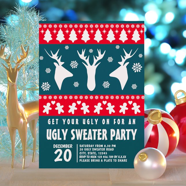 Convite Vermelhos Elegantes e Verdes Reindeer Festa de Swe (Elegant Red and Green Reindeer Ugly Sweater Party Invitation)