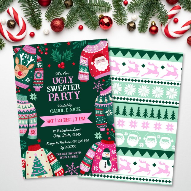 Convite Vermelhos, Verdes, Verdes e Rosa Festivos Modernos (Modern Festive Ugly Sweater Red, Green and Pink Invitation)