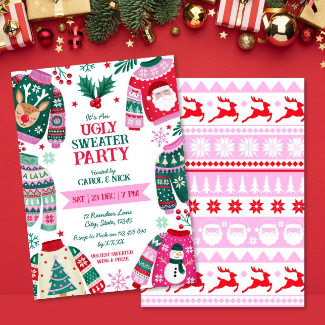 Convite Vermelhos, Verdes, Verdes e Rosa Festivos Modernos (Modern Festive Ugly Sweater Red, Green and Pink Invitation)