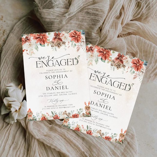 Convite Vermelhos Vermelhos Invernos Pinecone Estamos noiv (Criador carregado)