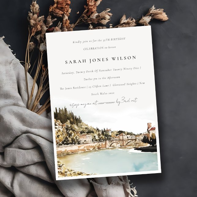 Convite Verona Adige River Italy Watercolor Birthday (Criador carregado)