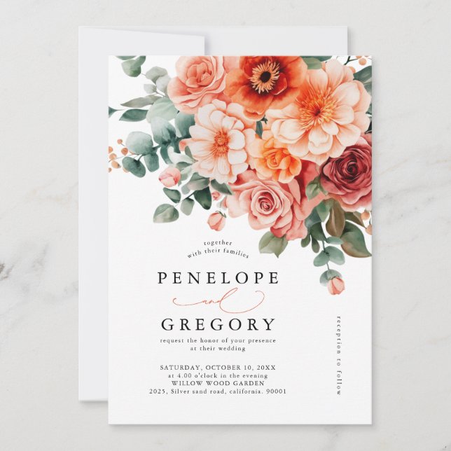 Convite Verona Sunset Bright Orange Modern Floral Casament (Frente)