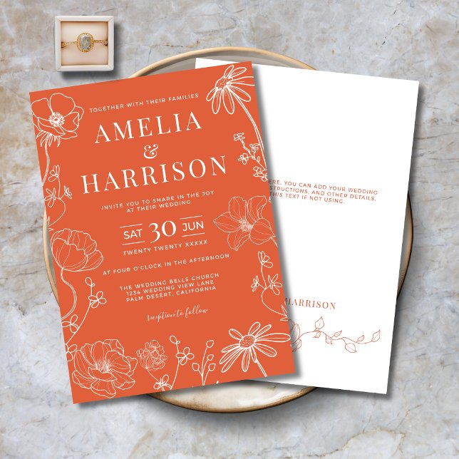 Convite Verona Sunset Orange Floral Art Weding (Verona Sunset Orange Floral Line Art Wedding Invitation with Optional Text on Back.)