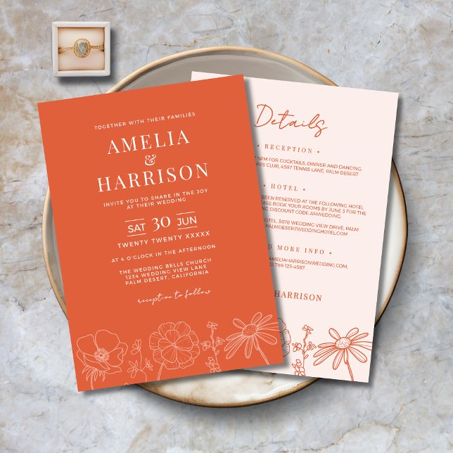 Convite Verona Sunset Orange Tudo Em Um Casamento Floral (Verona Sunset Orange All-In-One Floral Wedding Invitation with Line Art, Details on the Back.)