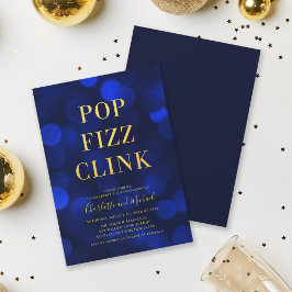Convite Versatile Blue Bokeh, Dourado Pop Fizz Clink Party