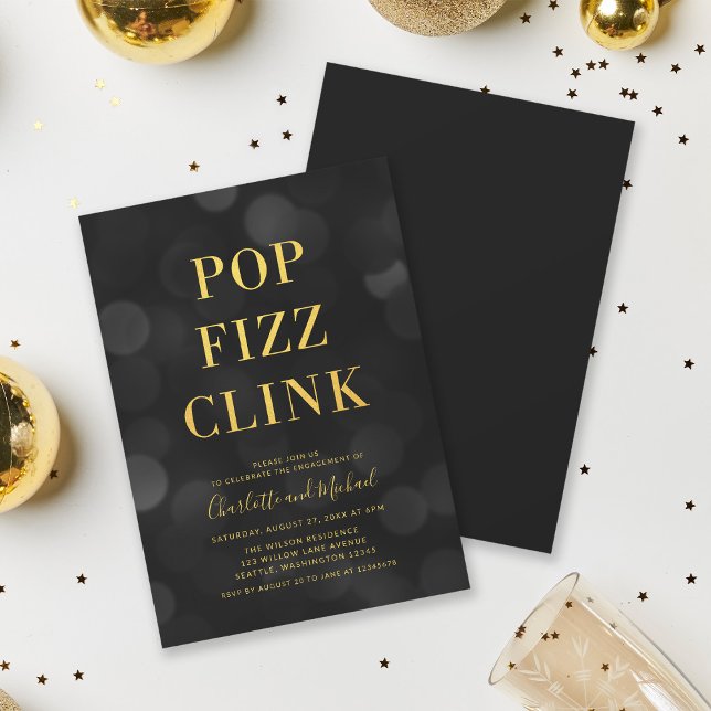 Convite Versatile Dark Bokeh Dourado Pop Fizz Clink Party (Criador carregado)