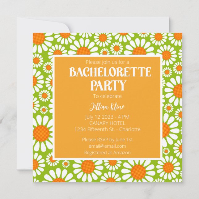 Convite Vertical Orange Retro Daisy Bachelorette Itinerary (Frente)
