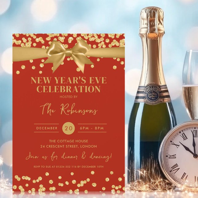 Convite Véspera de ano novo Dourada Glitter Confetti e Arc (New Years Eve Gold Glitter Confetti & Bow Red Invitation)