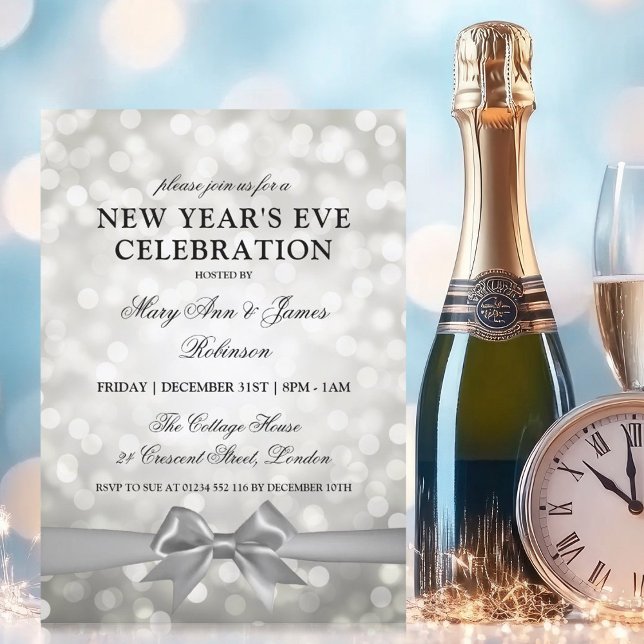 Convite Véspera de ano novo Elegante Arco das Luzes do Bok (Elegant New Years Eve Silver Bokeh Lights Bow Invitation)