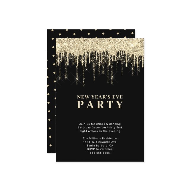 Convite véspera de ano novo Elegante Black Dourado Glitter (Frente/Verso In Situ)