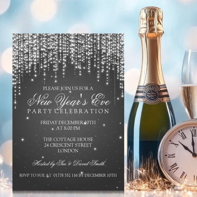 Convite Véspera de ano novo Elegante - Preto (Elegant New Years Eve Night Dazzle Black Invitation)