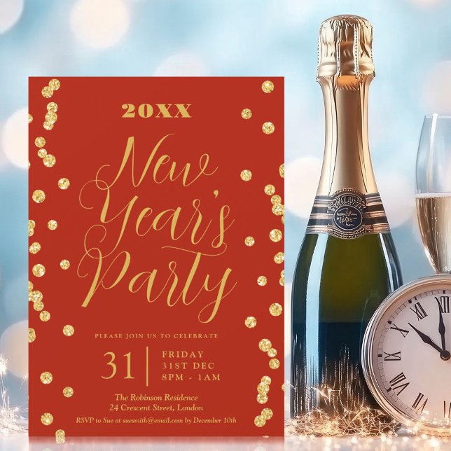 Convite Véspera de ano novo Elegante Vermelho de Confetti  (Elegant New Years Eve Gold Glitter Confetti Red Invitation)