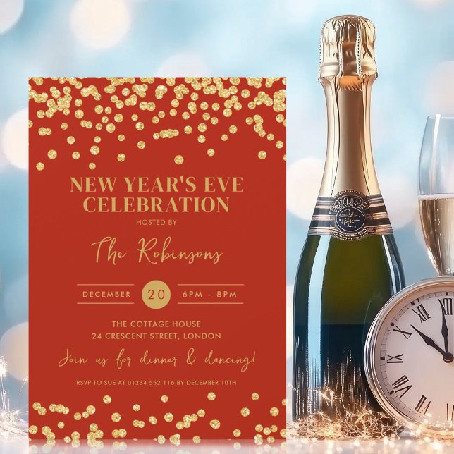 Convite Véspera de ano novo Glitter Confetti Red do Partid (New Years Eve Party Gold Glitter Confetti Red Invitation)