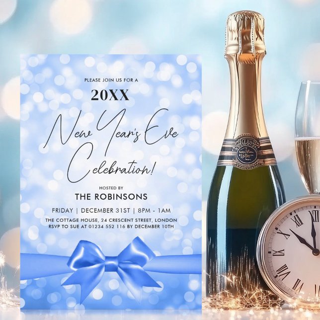 Convite VÉSPERA DE ANO NOVO MODERNA - Arco Azul (MODERN New Years Eve Party Blue Bokeh Bow Invitation)