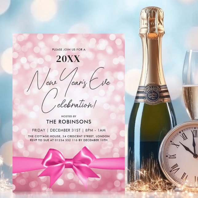 Convite VÉSPERA DE ANO NOVO MODERNA - Arco de pinos rosa p (MODERN New Years Eve Party Blush Pink Bokeh Bow Invitation)