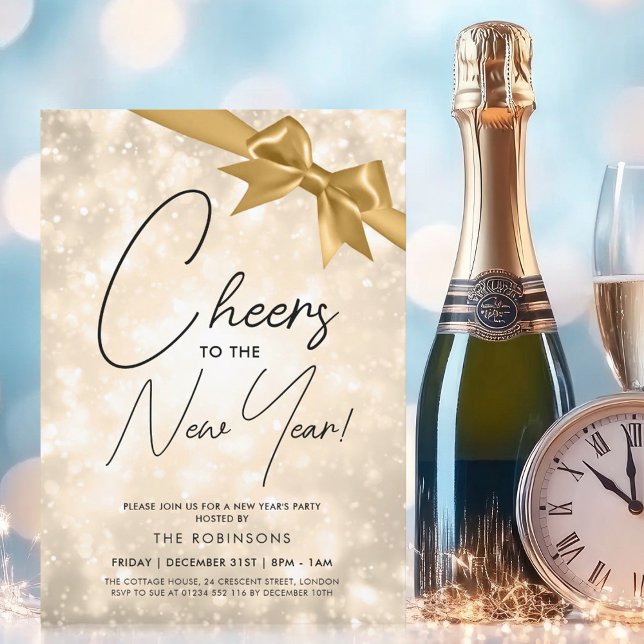 Convite VÉSPERA DE ANO NOVO MODERNA Dourada Champagne Boke (MODERN New Years Eve Gold Champagne Bokeh Gold Bow Invitation)