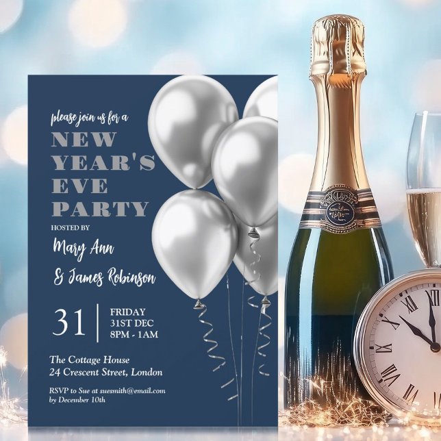 Convite Véspera de ano novo Partido Prateado Balões Marinh (New Years Eve Party Silver Balloons Navy Blue Invitation)