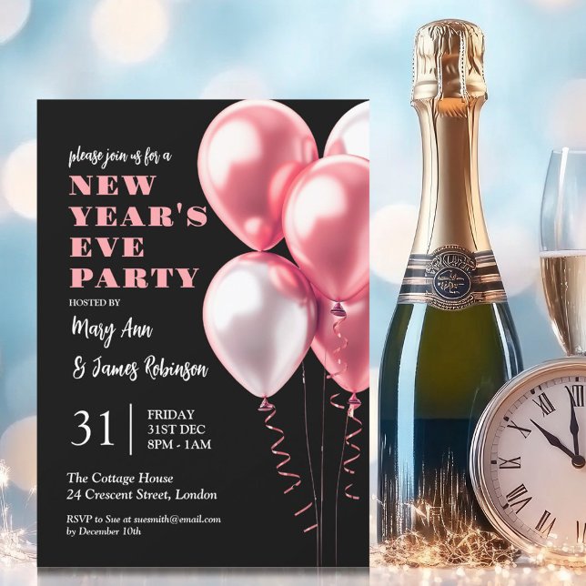 Convite Véspera de ano novo Party Blush Pink Balloons Pret (New Years Eve Party Blush Pink Balloons Black Invitation)