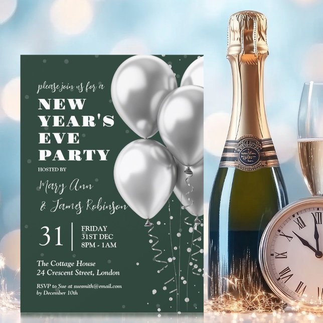 Convite Véspera de ano novo Prata Confetti Balloons Emeral (New Years Eve Silver Confetti Balloons Emerald Invitation)