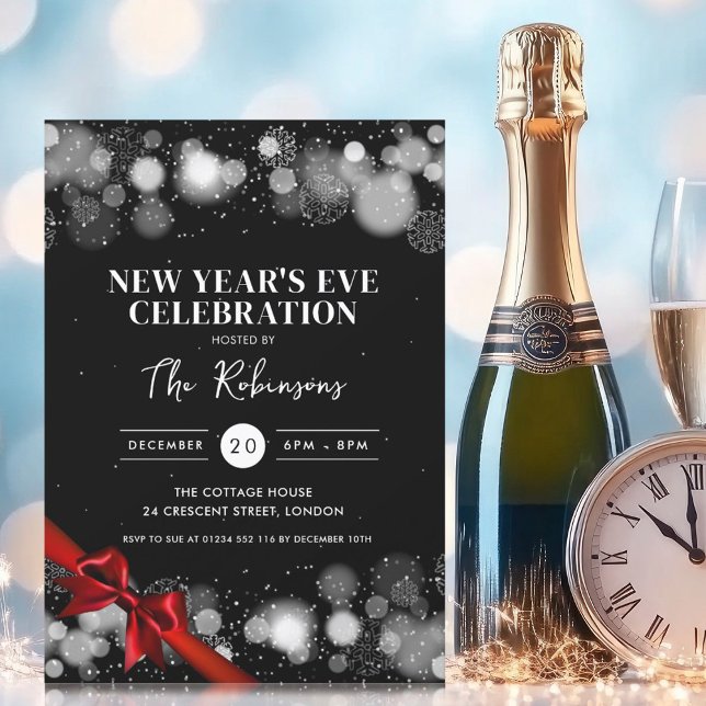 Convite Véspera de ano novo Prata Negra Arco Vermelho Mara (New Years Eve Silver Black Winter Wonder Red Bow Invitation)