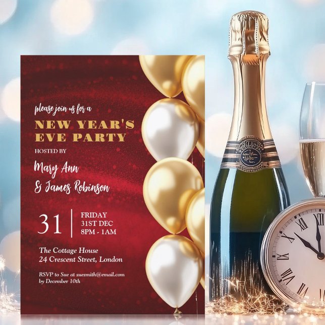 Convite Véspera de ano novo Red Dourado Shimmers Sequins B (New Years Eve Red Gold Shimmering Sequins Balloons Invitation)