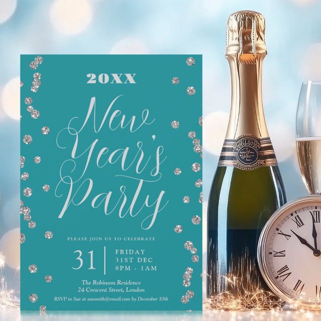 Convite Véspera de ano novo Silver Glitter Confetti Turquo (New Years Eve Silver Glitter Confetti Turquoise Invitation)