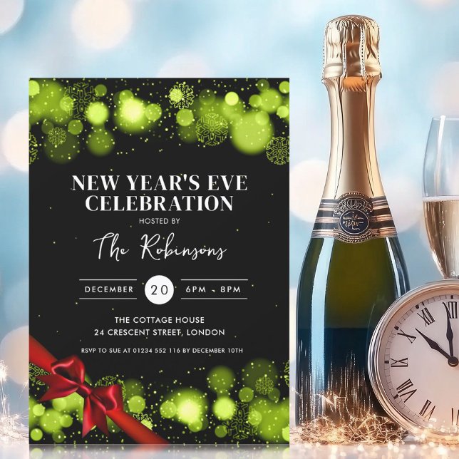 Convite Véspera de ano novo Verde Arco Vermelho Maravilha  (New Years Eve Green Black Winter Wonder Red Bow Invitation)