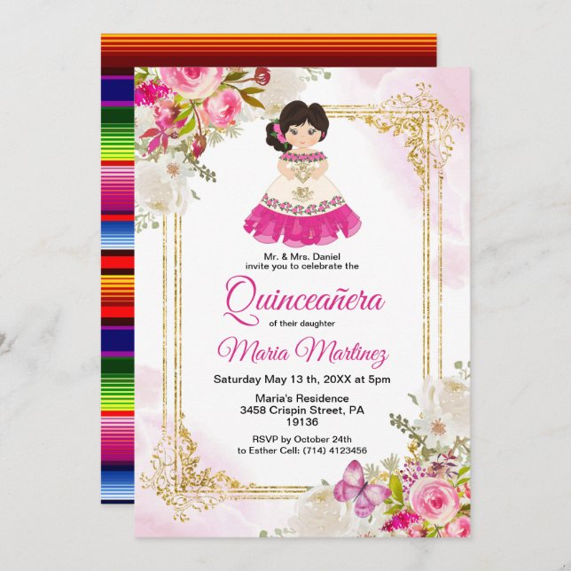 Convite Vestida Branca e Rosa Menina Mexicana Quinceanera  (Frente/Verso)