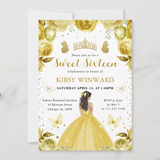 Convite Vestido Amarelo Princesa Morena Sweet 16 (Frente)