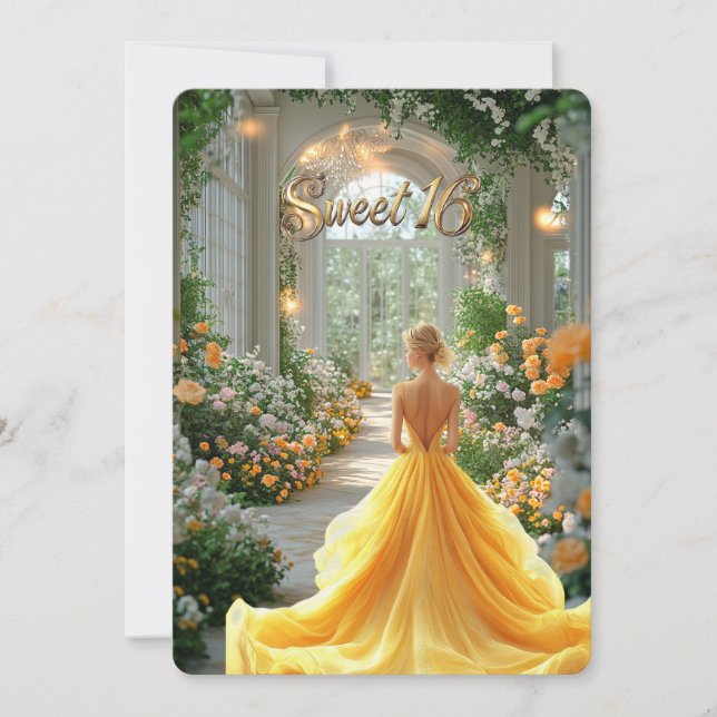 Convite Vestido Amarelo Sweet 16 Lindas Flores Local (Frente)