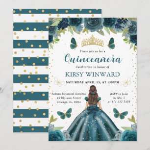 Convite Vestido Aqua Escuro Brunette Princesa Quinceanera
