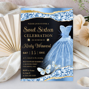Convite Vestido Aquarela Azul e Dourado com Lantejoulas Sw