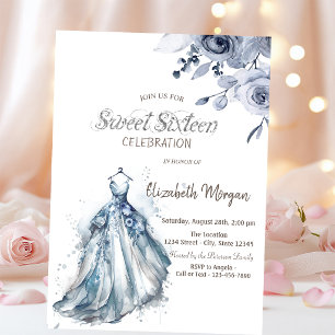Convite Vestido Azul Aquarela Rosas Azuis Doze Anos