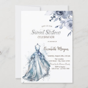 Convite Vestido azul aquarela Rosas azuis Sweet 16