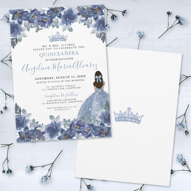 Convite Vestido Azul Bebê para Quinze Anos com Flores (Elegant Blue Quinceanera Invitation)