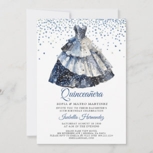 Convite Vestido Azul Brilhante Brilho Quinceanera Festa