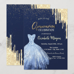 Convite Vestido Azul Brilho Dourado Drip Quinceañera