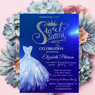 Convite Vestido Azul Chic, Diamantes Azul Sweet 16