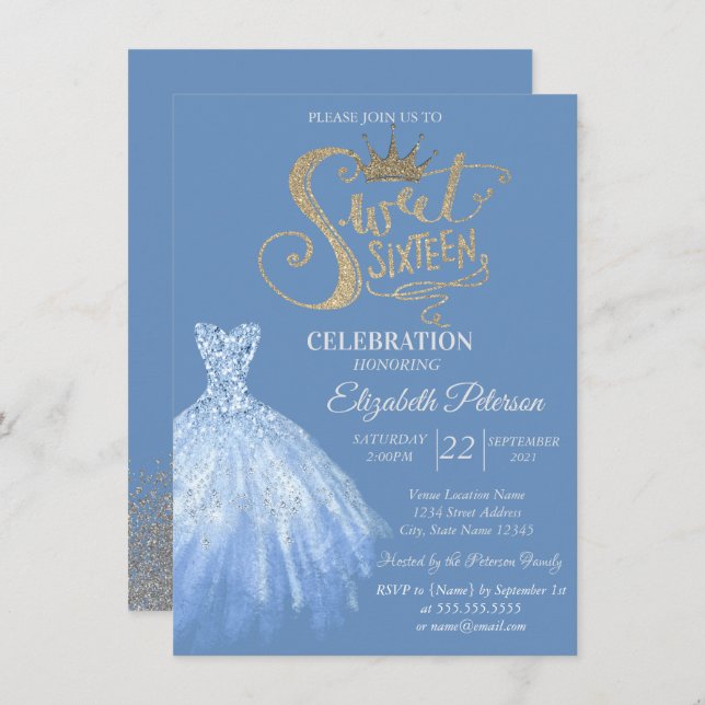 Convite Vestido Azul Chic,Ouros Doce 16 (Frente/Verso)