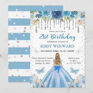 Convite Vestido Azul Claro Cabelo Loiro Princesa Aniversár