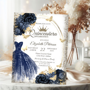 Convite Vestido Azul com Lantejoulas, Rosas, Borboletas Qu