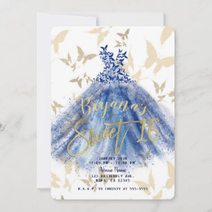Convite Vestido Azul Dança Borboleta Dourado Doze Anos