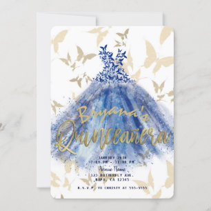 Convite Vestido Azul Dança Borboleta Dourado Quinceañera 1